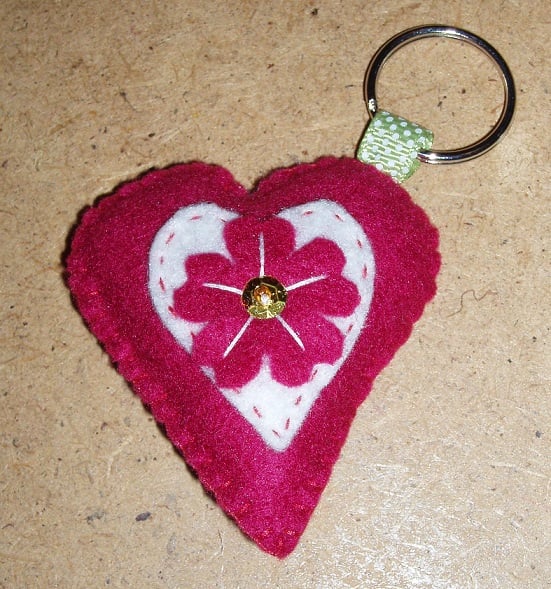 Heart with small Flower at the centre Deep Rose Pink felt Keyring.