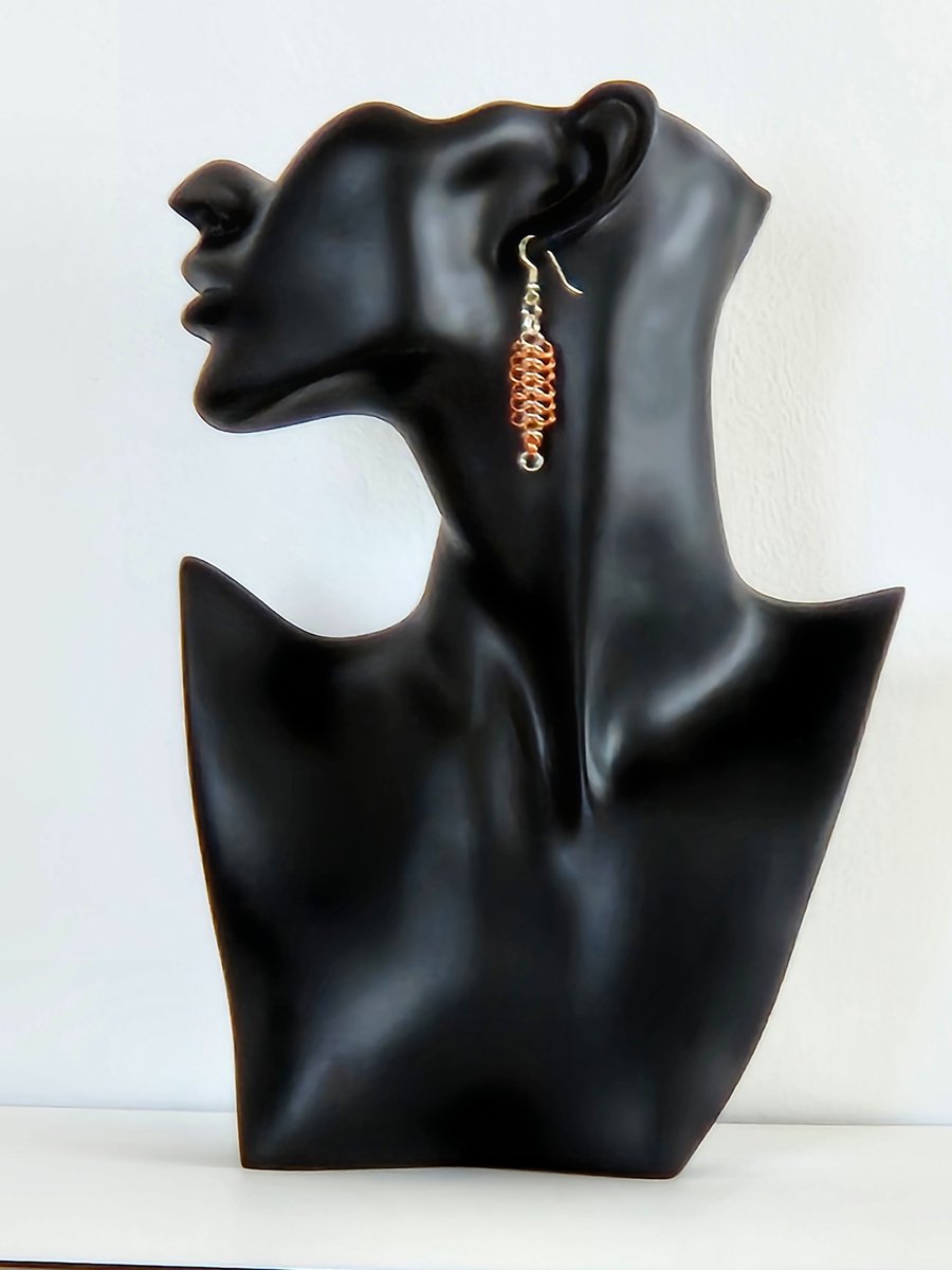 Handcrafted chainmaille orange and silver drop earrings