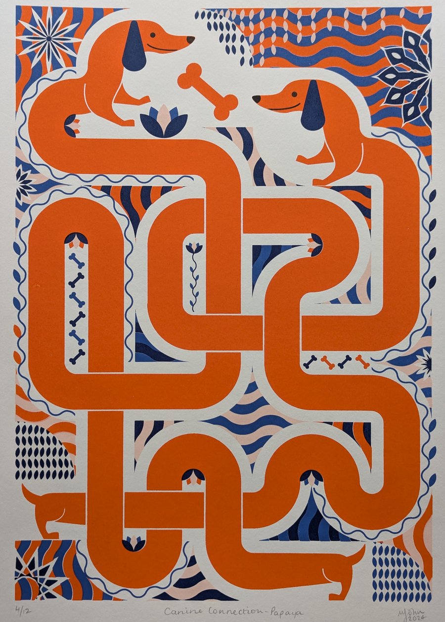 Original Screenprint of 2 Dachshunds (Sausage dogs) in a geometric pattern