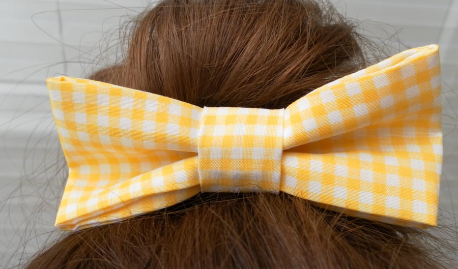 Yellow and White Gingham Bow Hair Clip