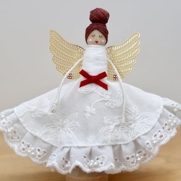 'White dress & red bow' Handmade Peg Doll (red-brown hair)