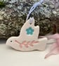 Teeny ceramic dove decoration with pink leaves and blue flower