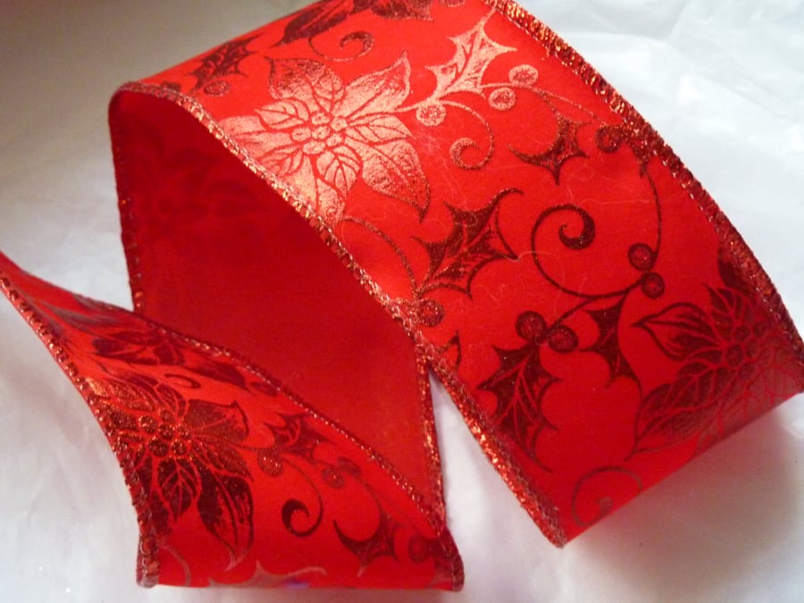 1 Metre Wire Edged Christmas Ribbon 63mm Red Velvet Shine Poinsettia