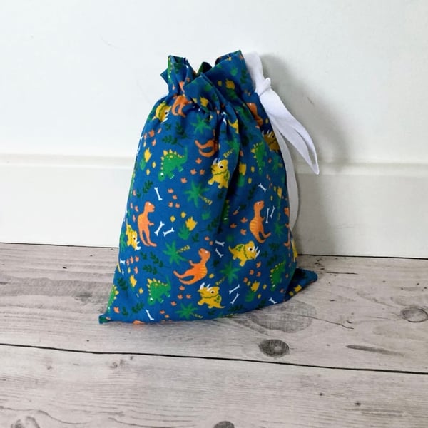 Blue Dinosaurs Fabric Drawstring Gift Bag: Small Present Wrap.