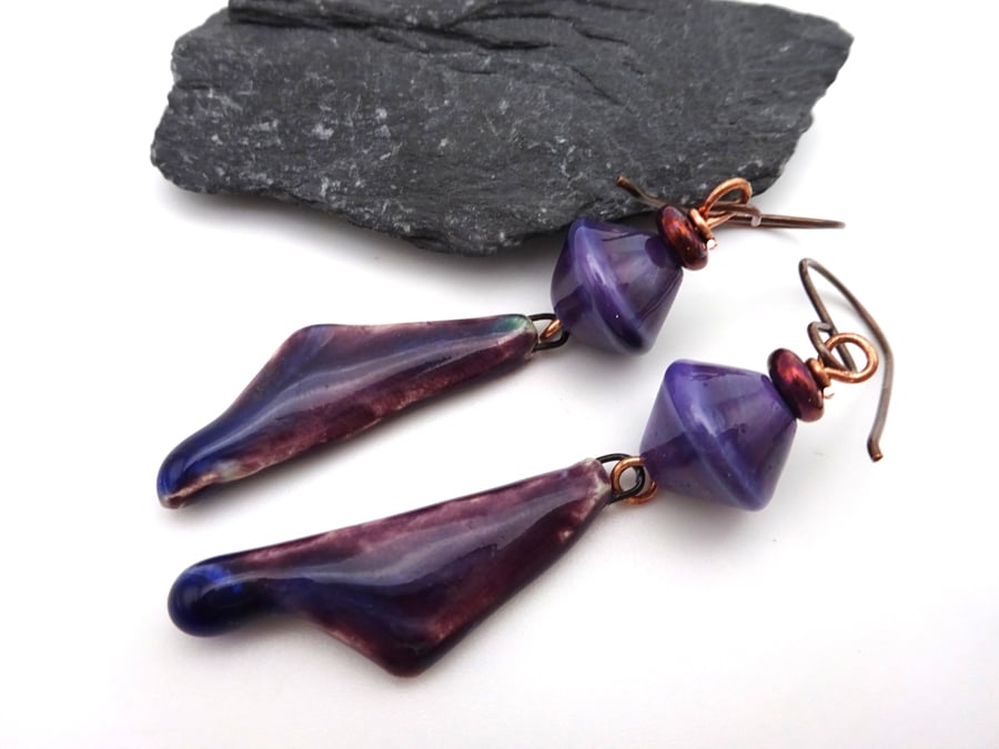 purple lampwork glass and ceramic earrings