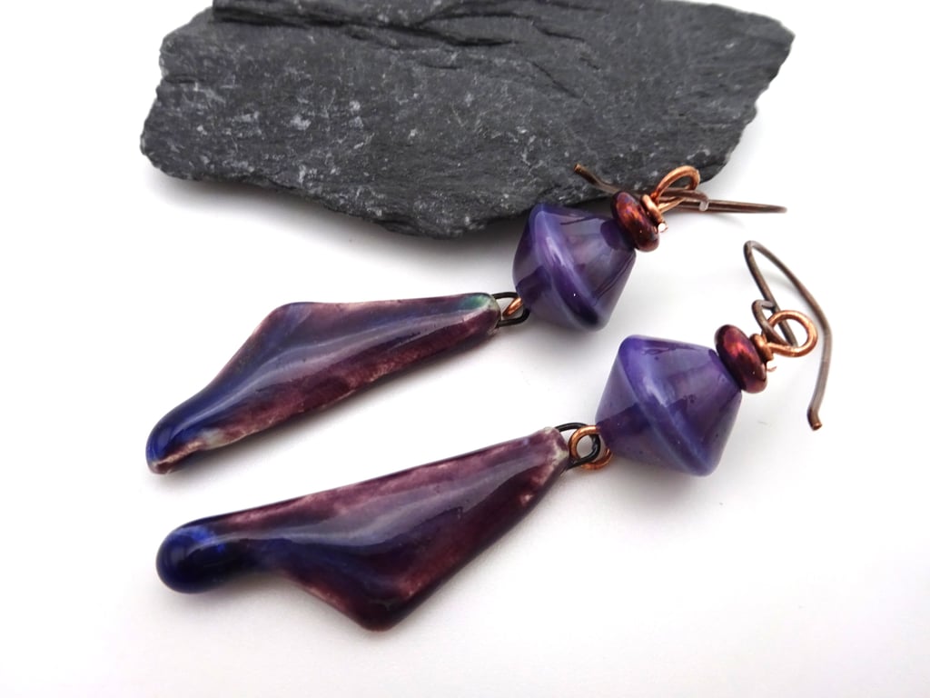 purple lampwork glass and ceramic earrings
