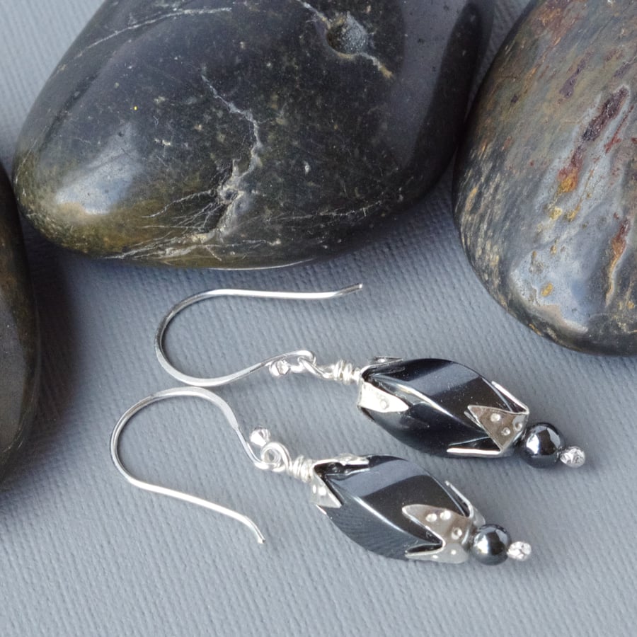 Sterling Silver Clasped  Blue Grey Metallic Hematite Drop Earrings Forged Hooks