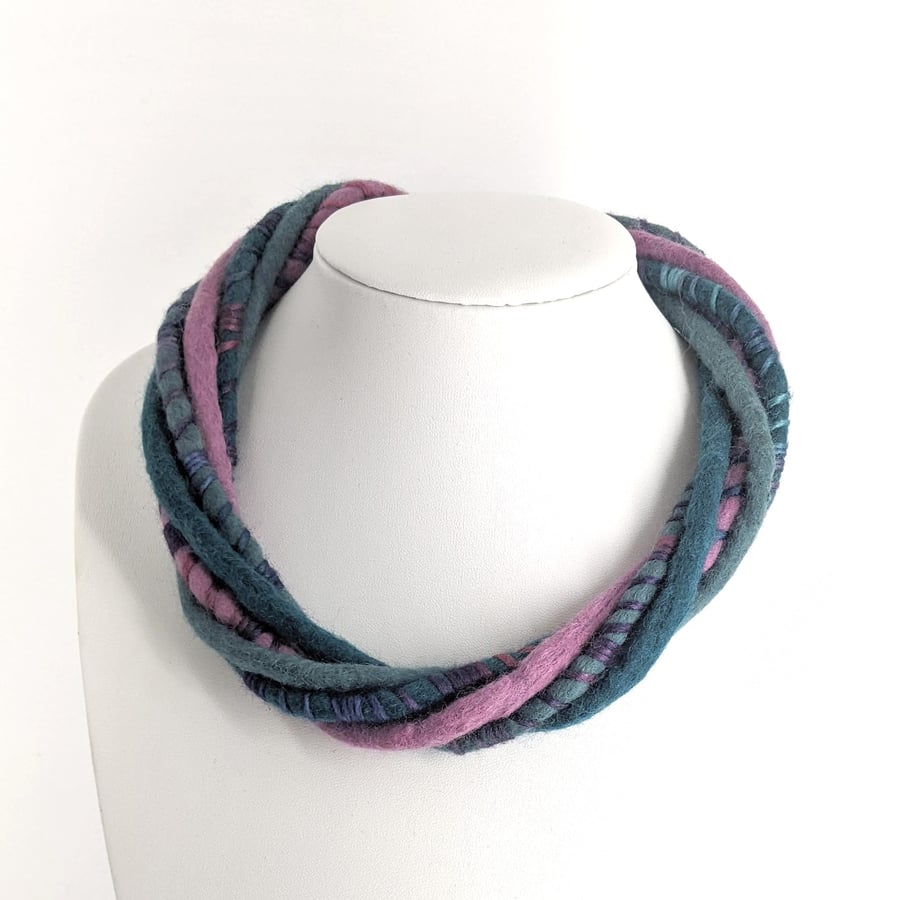 Felted necklace - teals and pink