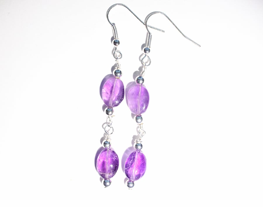 Oval purple amethyst dangle earrings, Silver and purple earrings