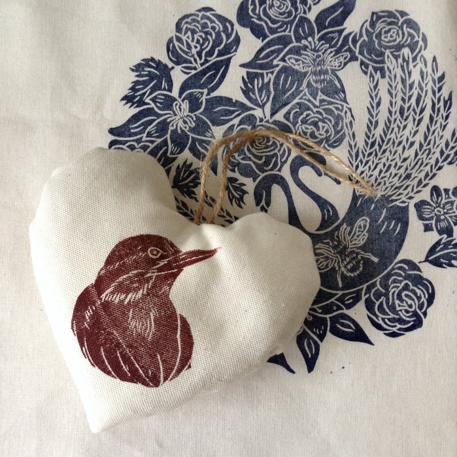 Hand Printed Bird Heart Lavender Sachet