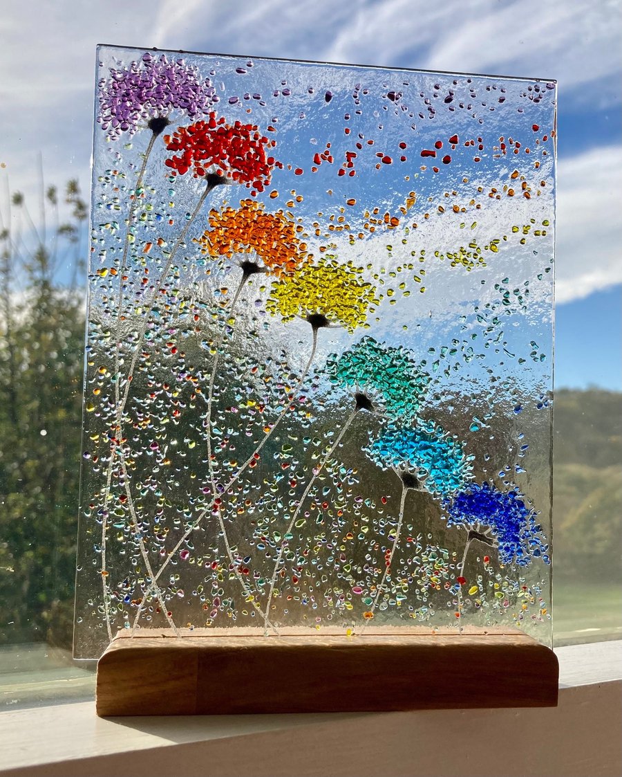 Whimsical Bright Rainbow Flowers fused glass Art Picture Sun Catcher & Wooden Di