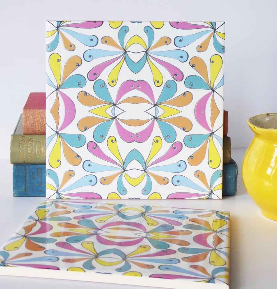 Multicoloured Petal Design Ceramic Tile Trivet with Cork Backing