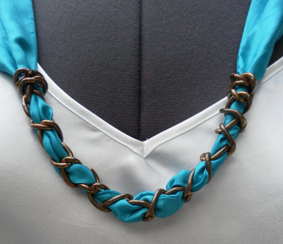 Scarf Necklace, Turquoise China Silk, Metal Chain and Decorations