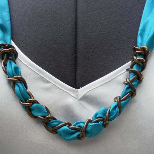 Scarf Necklace, Turquoise China Silk, Metal Chain and Decorations