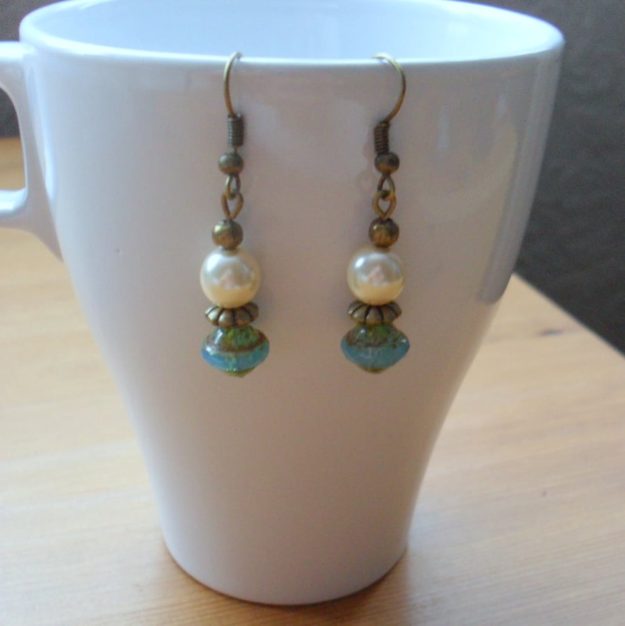 Vintage Bronze and Czech Glass Earrings