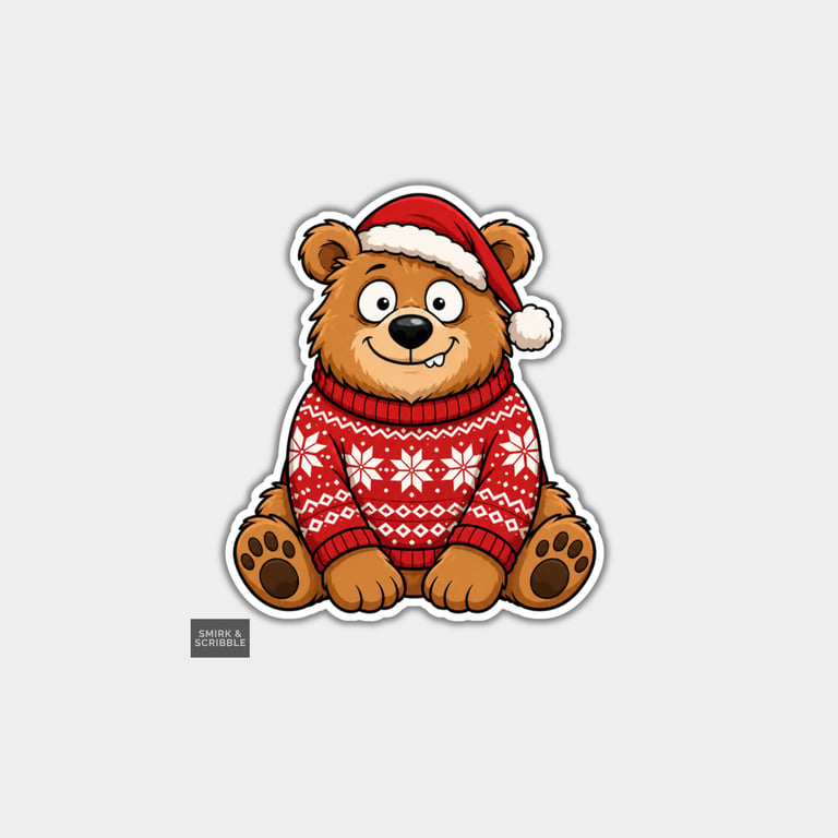 Funny Christmas Sticker Vinyl Xmas Decal For Adults - Happy Bear Sitting 