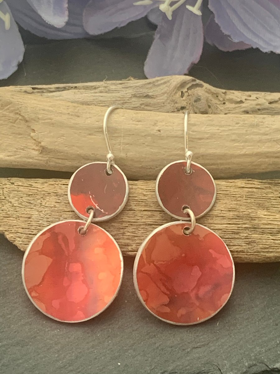 Printed Aluminium and sterling silver earrings -Orange and red