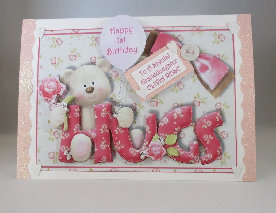 Girls Teddy 3D 1st Birthday Card, Granddaughter, handmade,cute,personalise