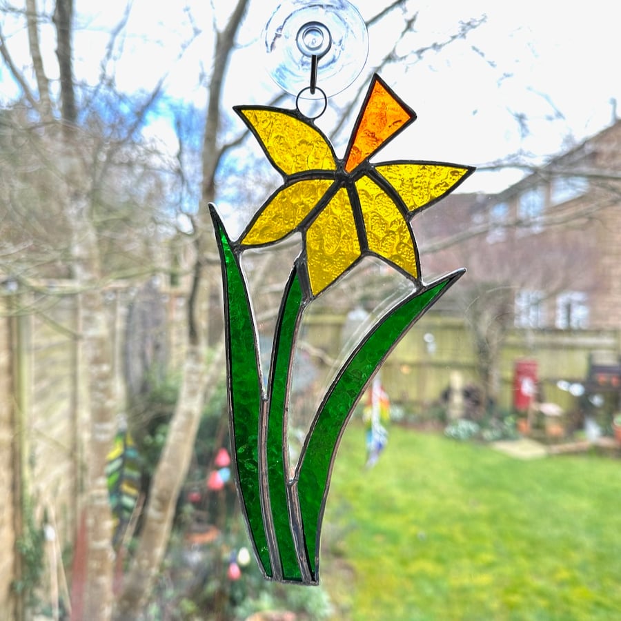 Stained Glass Daffodil Suncatcher - Handmade Hanging Window Decoration 