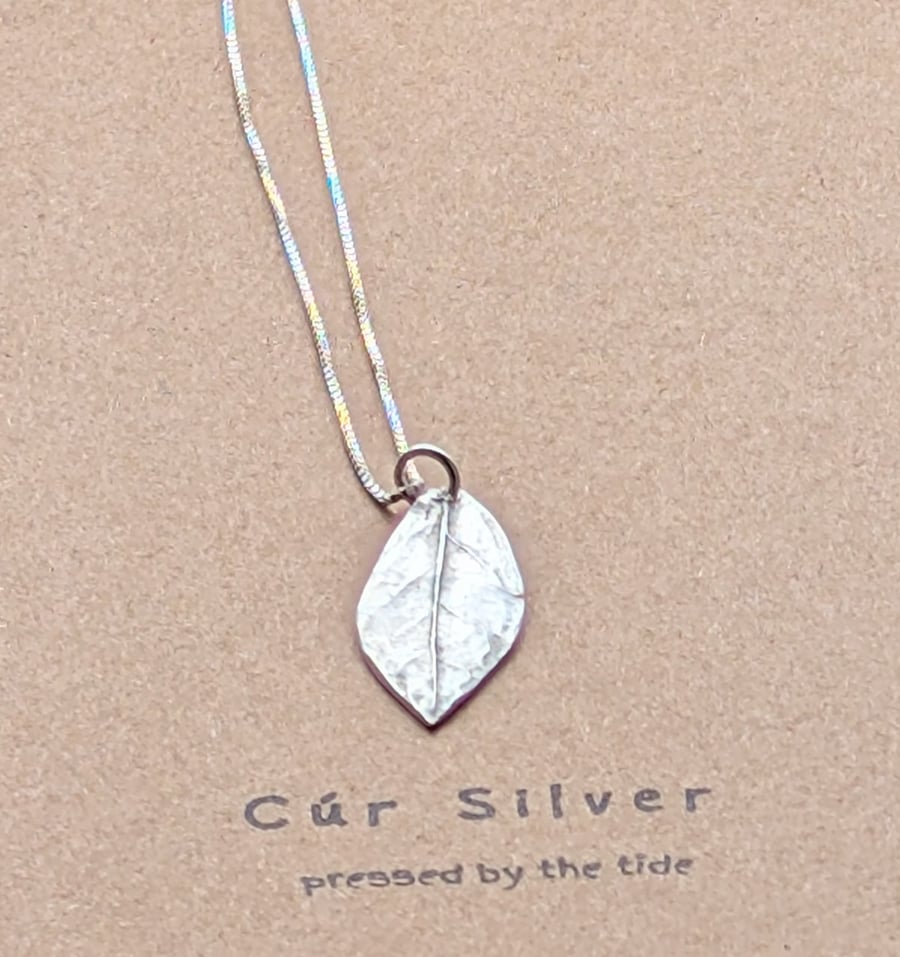 Fine Silver Leaf Pendant Necklace, Sterling Silver Chain, Textured Botanical