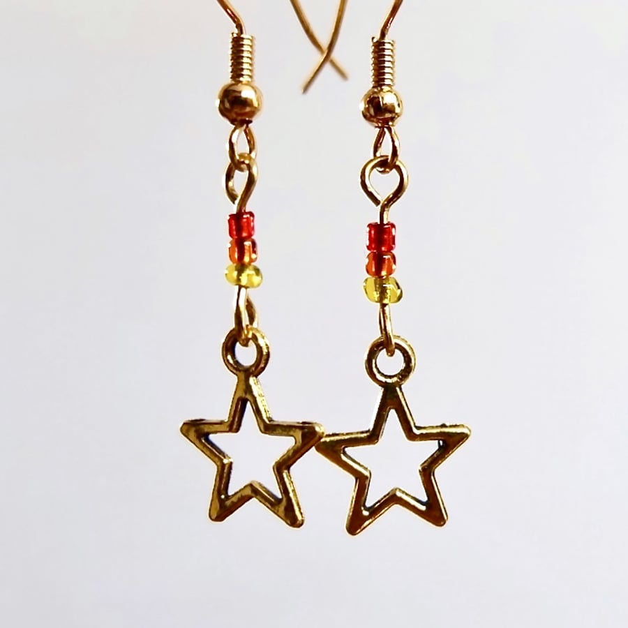 Gold Christmas Star Earrings With Glass Beads - Handmade In Devon - Free UK P&P