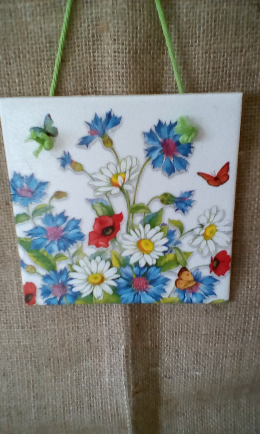 Decoupage Wall Tile  Wild Flowers Hand Finished
