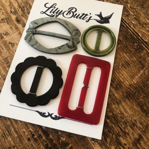 4 Vintage Buckles - Grey, Green, Black & Red
