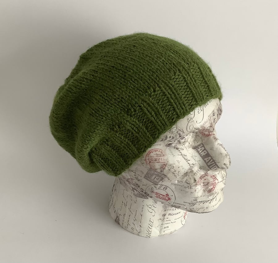 SLOUCH BEANIE hat . 'The Villager' . Alpaca, merino wool . Super-soft . Green. 