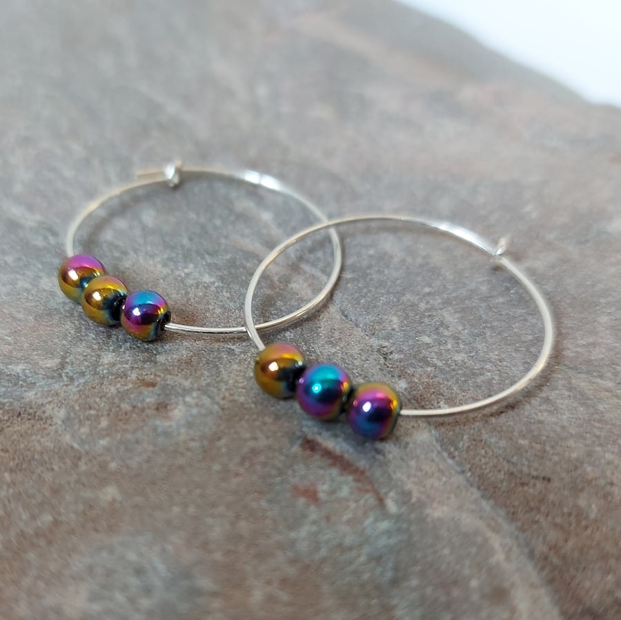 Silver Hoop Earrings with Rainbow Haematite Beads