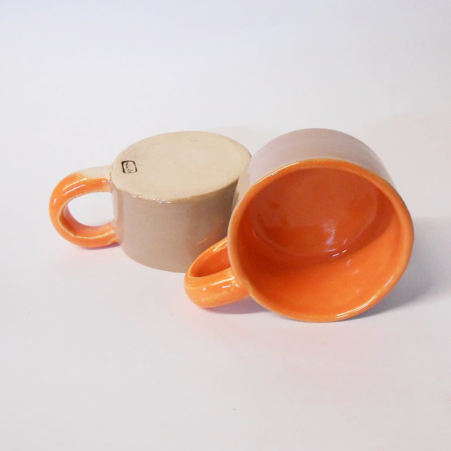 Cups Set of Two Bright Orange and Taupe Petite Stoneware Ceramic.