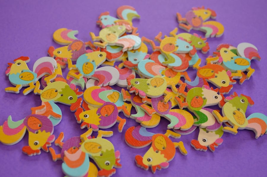 Wooden Cockerel Buttons Mixed 6pk 30x30mm Chicken Hen (CK1)