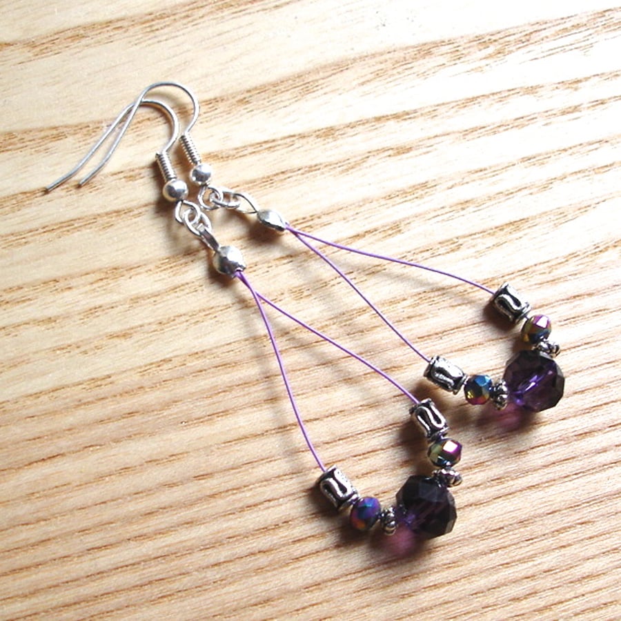Pretty Purple Sparkle Crystal Loop Bead Earrings, Gorgeous Gift for Her