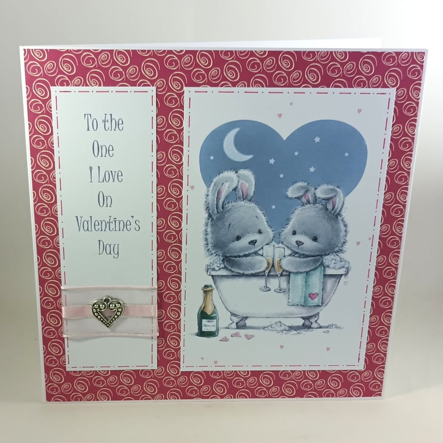 Handmade Valentine's Day card - champagne bathtub bunnies