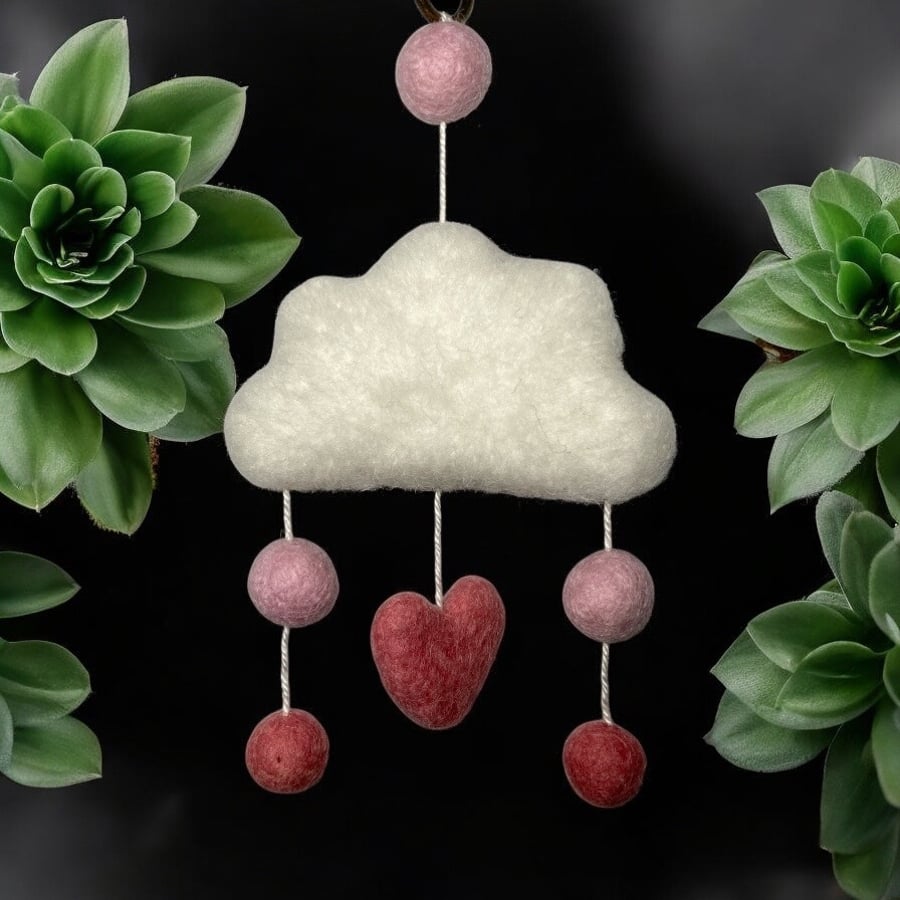 Wall hanging, mobile, felted small cloud with felt balls and heart (pink)
