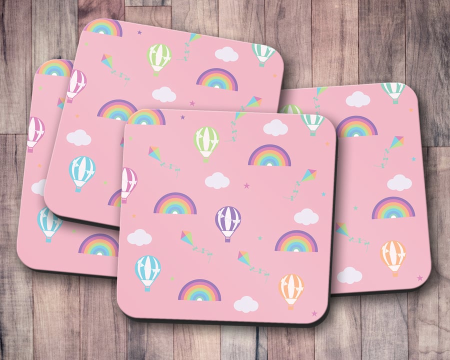 Set of 4 Pink Coasters with a Rainbow and Hot Air Balloon Design, Drinks Mat