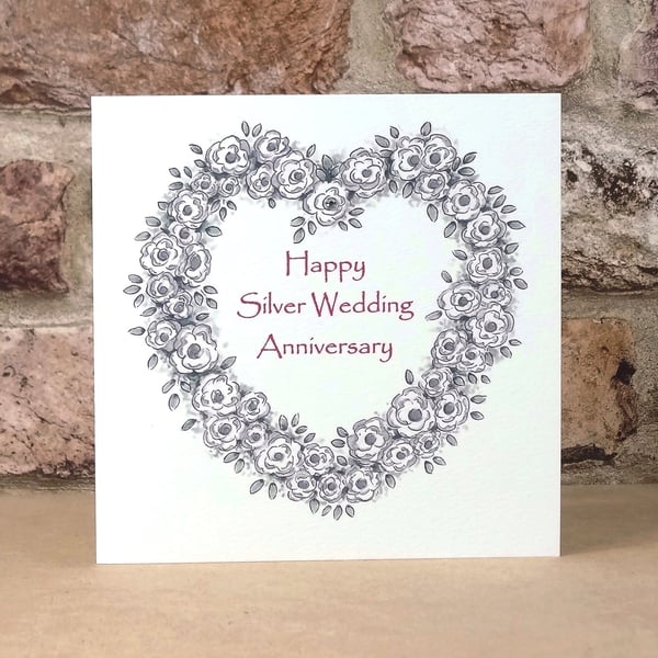 Silver Wedding Anniversary card Heart