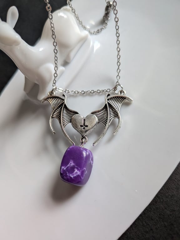 Purple bat necklace with heart