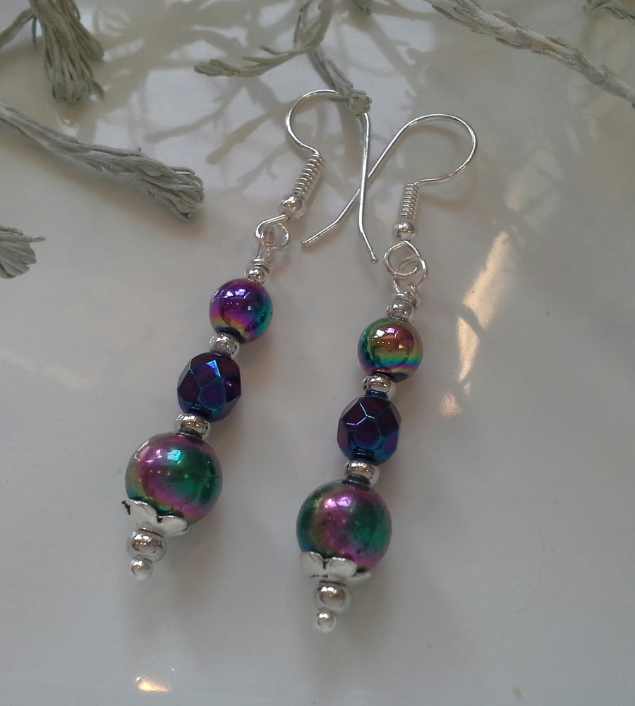 Rainbow Heamotite & Crystal Bead Earrings Silver Plated