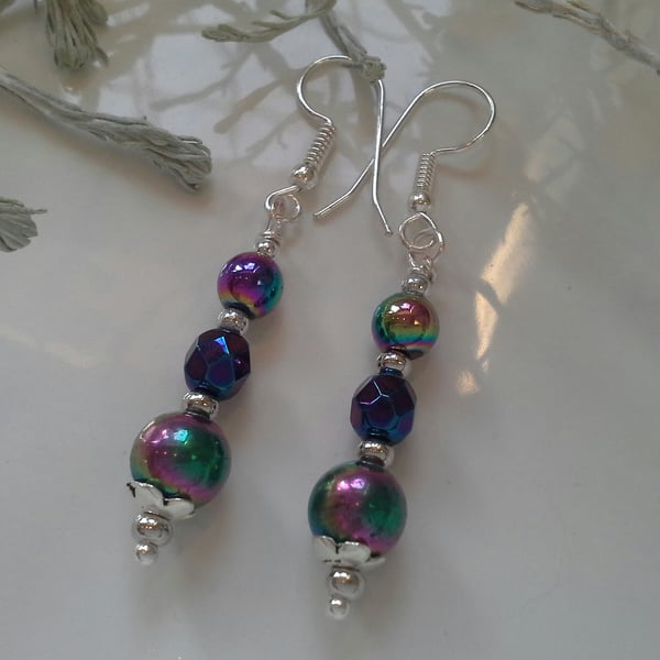 Rainbow Heamotite & Crystal Bead Earrings Silver Plated