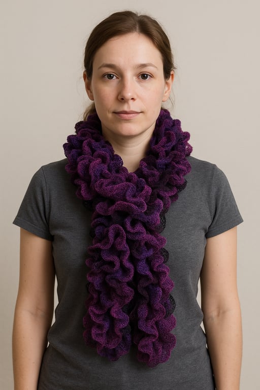 Purple sparkly ruffle scarf in fashion yarn
