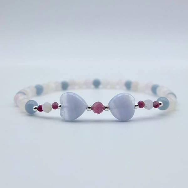 Mixed Gemstone Beaded Bracelet, Blue Lace Agate Hearts, Valentine, Birthday Gift