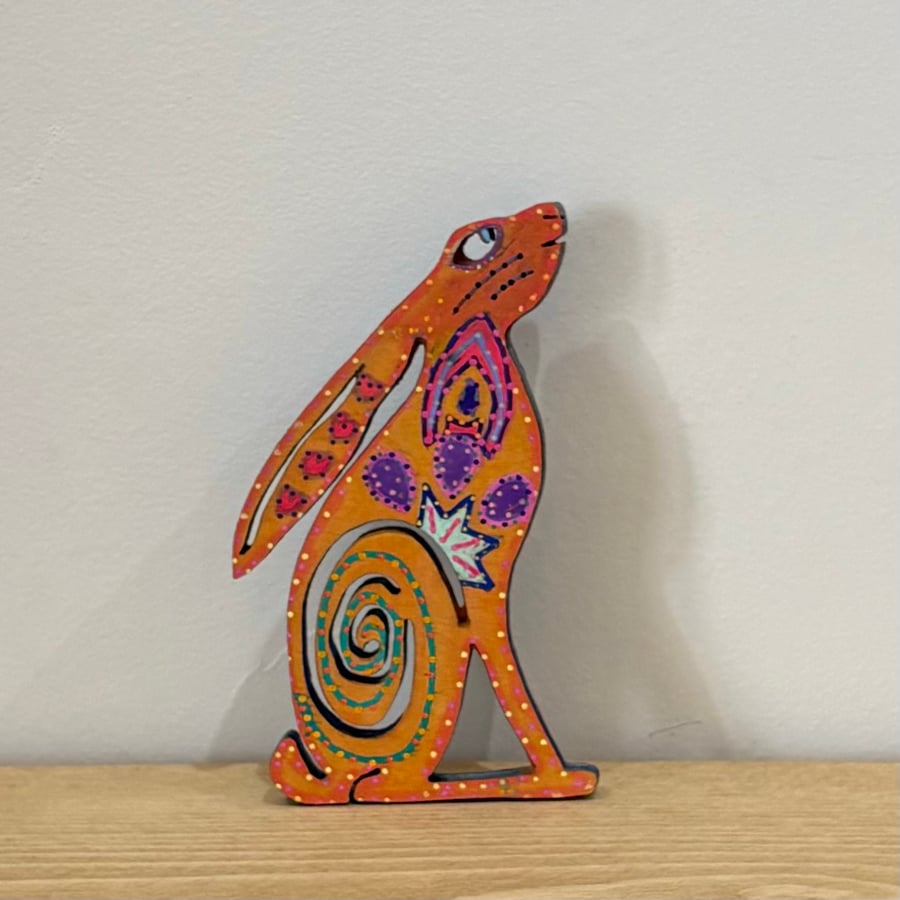 Hanging or shelf decoration - folk art style hand painted sitting hare