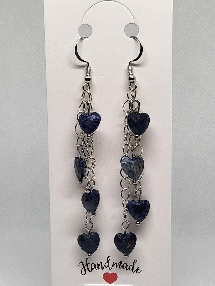 Lapis Lazuli Heart Waterfall Earrings Stainless Steel Handmade Jewellery