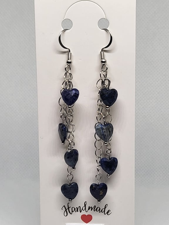 Lapis Lazuli Heart Waterfall Earrings Stainless Steel Handmade Jewellery