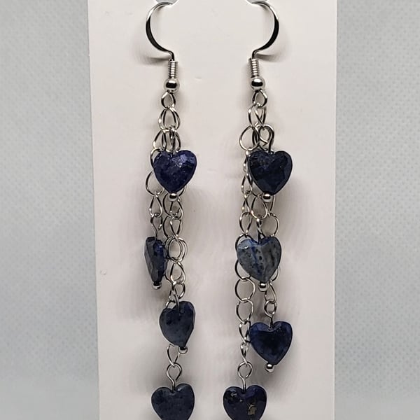 Lapis Lazuli Heart Waterfall Earrings Stainless Steel Handmade Jewellery