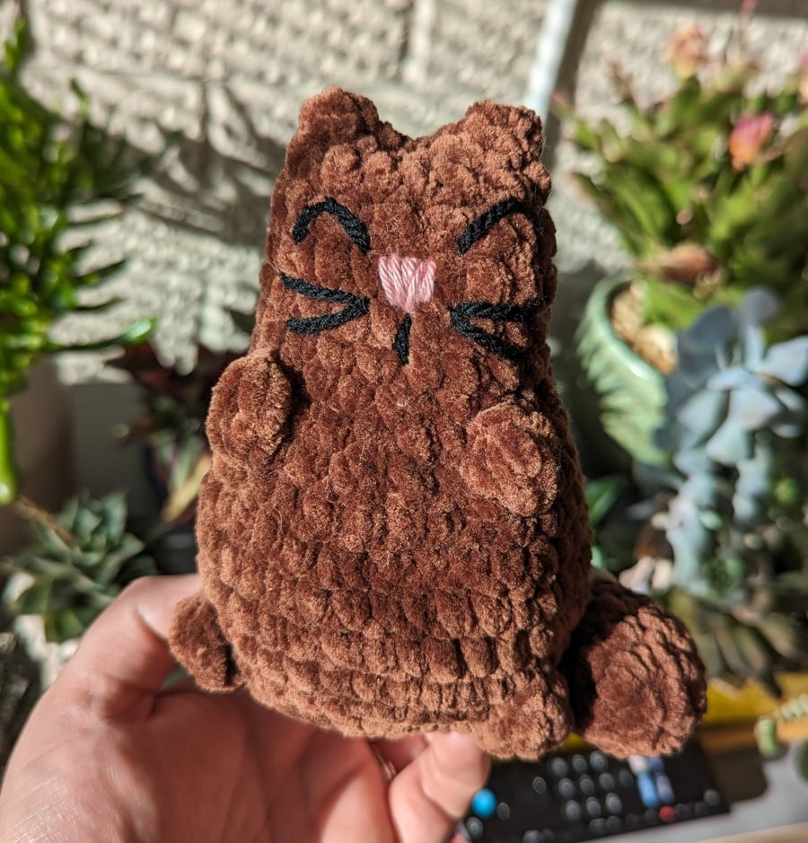 Stripy Cat Crochet Toy, Brown and Cream Sitting Kitten Plushie