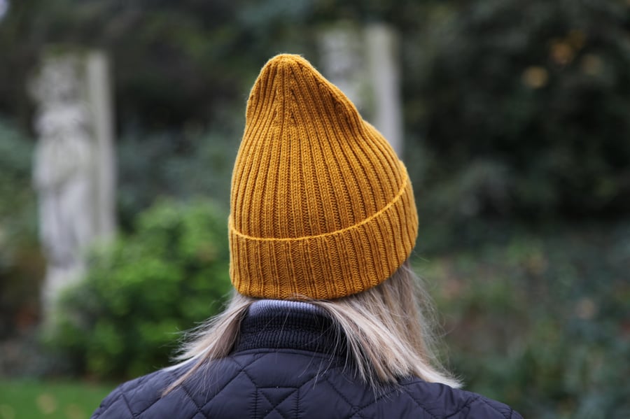Merino wool fisherman rib beanie. Mustard fisherman adjustable cuff beanie hat.