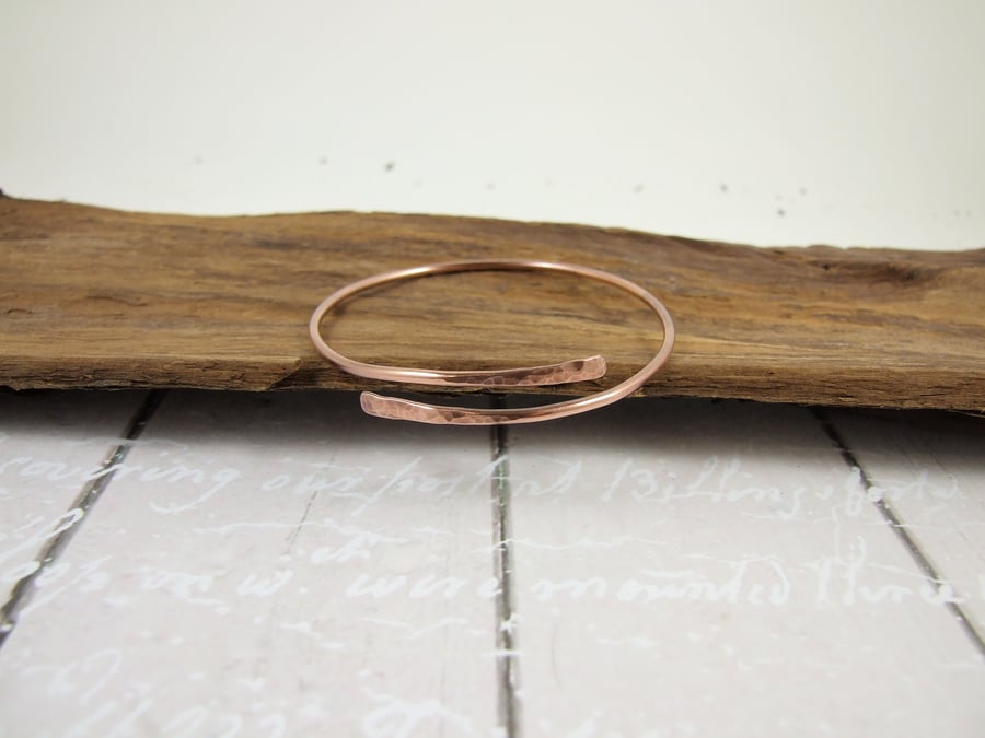 Antiqued Copper Simple Hammered  Bangle, Adjustable Fit, Wrap Bracelet