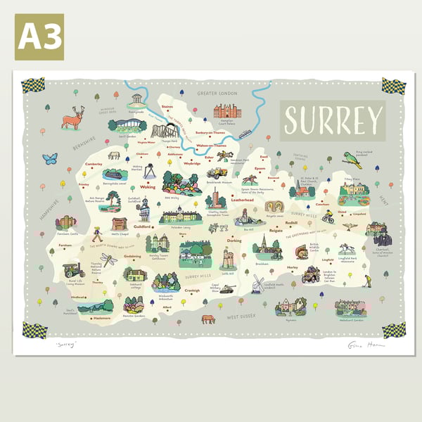 Surrey illustrated map A3 poster by Fiona Horan, Woking, Surrey Hills
