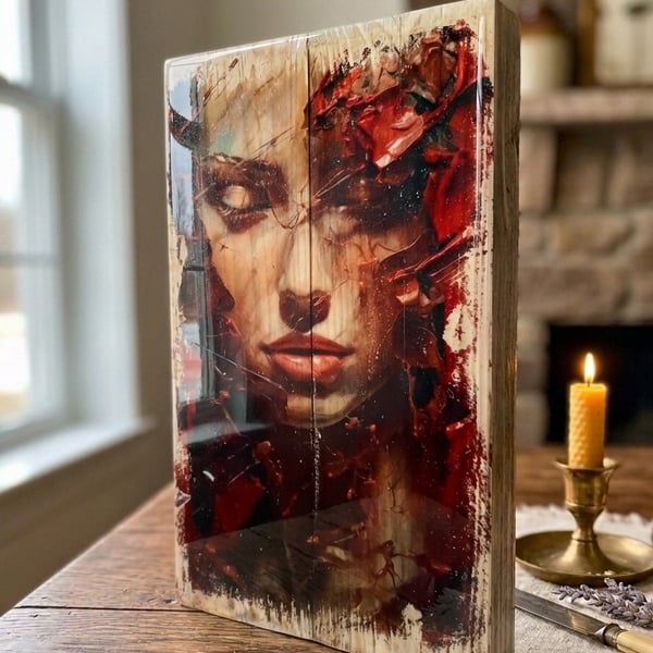 Dark Academia Art, Burgundy Wall Art, Surrealist Face, Photo Transfer Art